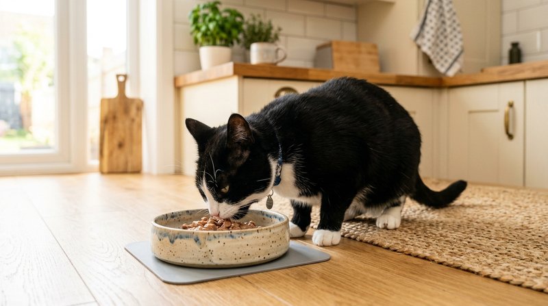 Un gato adulto de pelaje blanco y negro comiendo tranquilo de un plato ancho de cerámica en el suelo de una cocina lumin