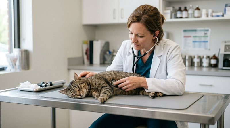 Un veterinario auscultando con un fonendoscopio a un gato atigrado sereno sobre una mesa de consulta impecable, manos cu