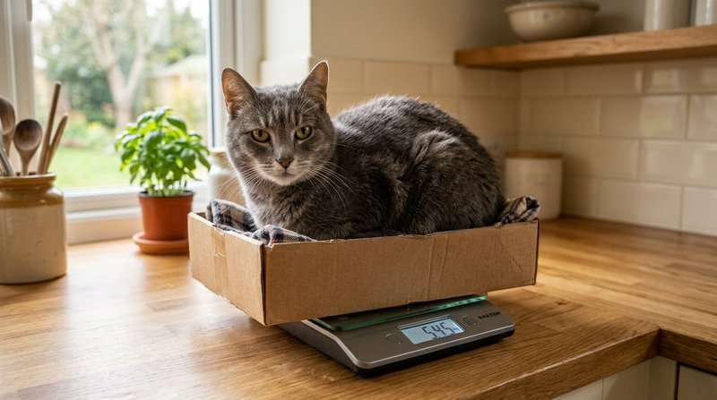 Un gato mayor gris sentado dentro de una caja de carton baja colocada sobre una bascula de cocina digital, encimera limp