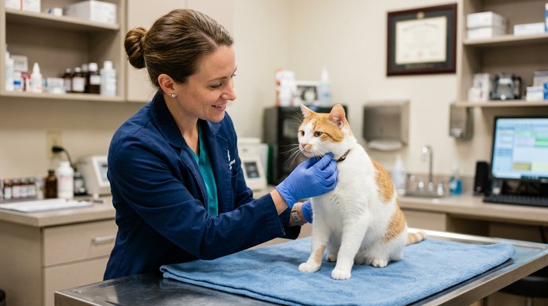 Una veterinaria de bata azul palpando con delicadeza el cuello de un gato blanco y naranja sobre la mesa de consulta, ge