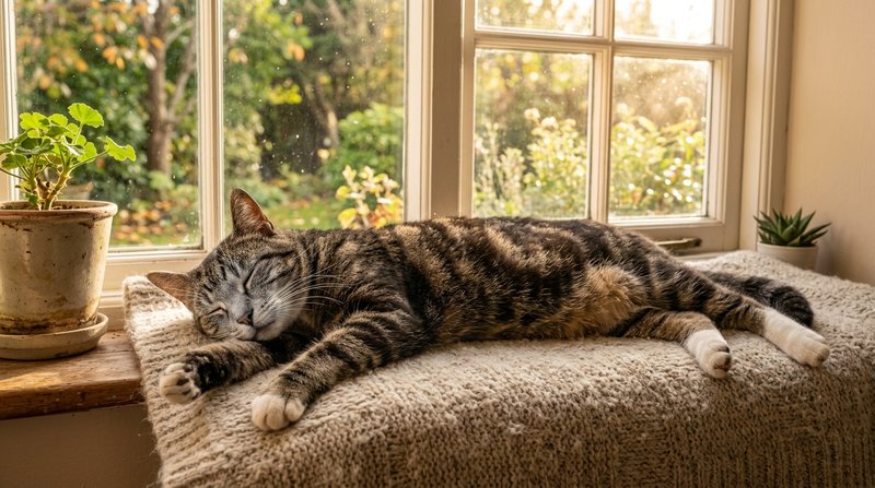 Un gato mayor atigrado descansando estirado al sol junto a una ventana, sobre una manta suave, expresion de bienestar, l