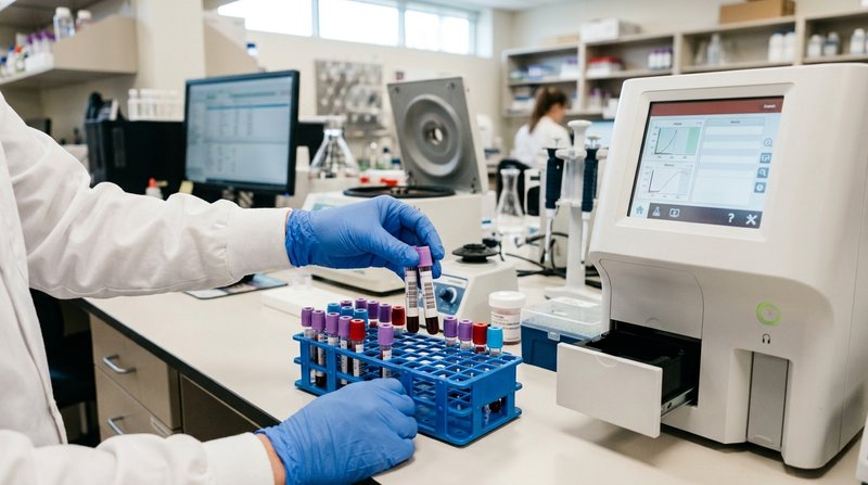 Un laboratorio veterinario con manos enguantadas colocando pequenos tubos de muestra de sangre en una gradilla junto a u