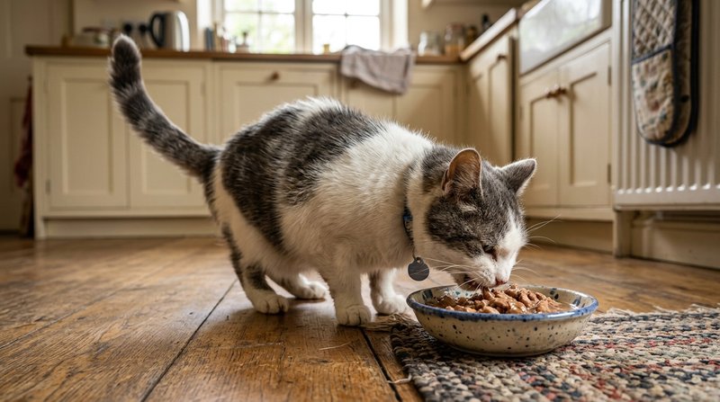 Un gato mayor blanco y gris comiendo con ganas de un cuenco de ceramica lleno en el suelo de una cocina hogarena, cola l