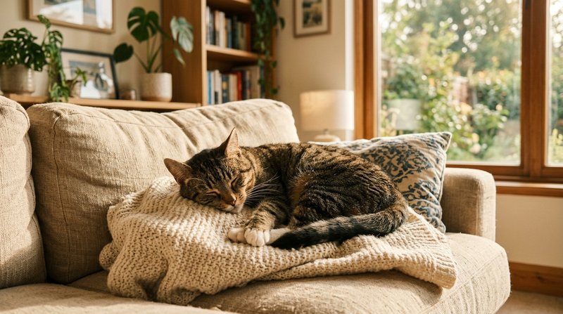 Un gato doméstico atigrado descansando plácidamente enroscado sobre un sofá acogedor en un salón cálido, bañado por la l