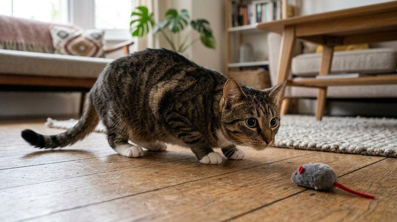 Un gato doméstico agazapado en plena postura de acecho sobre el suelo de un salón, con las pupilas dilatadas y el cuerpo