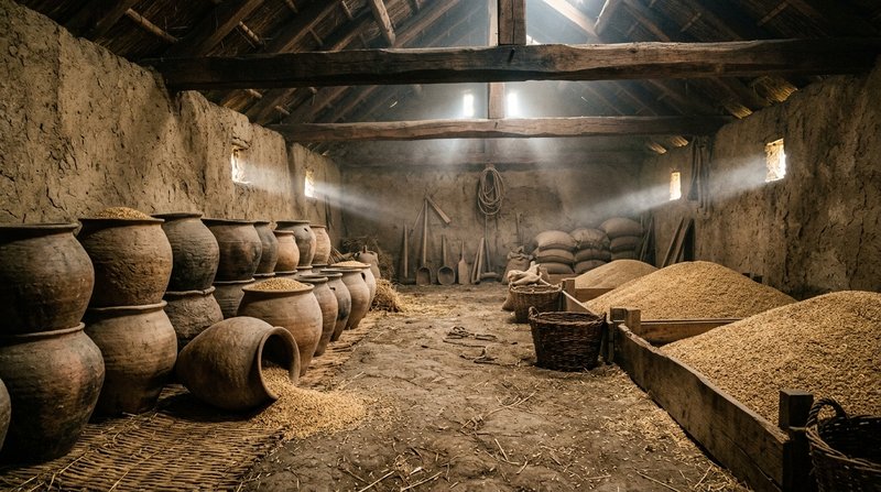 Un granero neolítico de adobe visto por dentro, con grandes vasijas y montones de grano dorado apilados, algunos granos