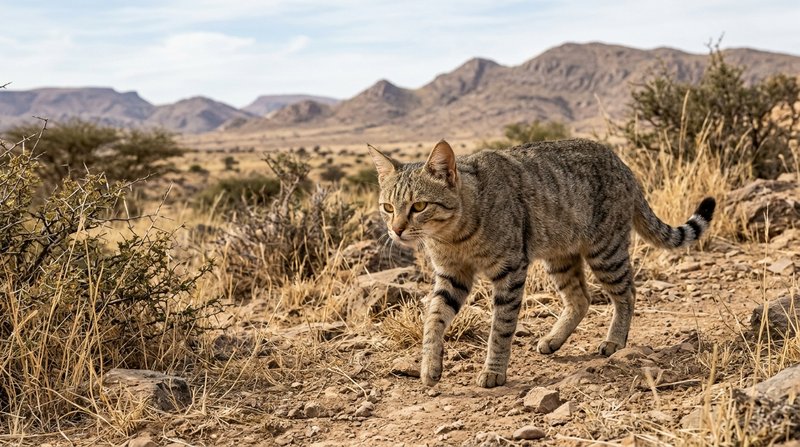 Un gato montés africano de pelaje atigrado y cuerpo musculoso avanzando alerta por un paisaje árido de matorrales del no