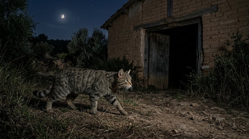 Un gato montés acercándose con sigilo en la penumbra nocturna a la entrada de un granero de adobe, iluminado apenas por