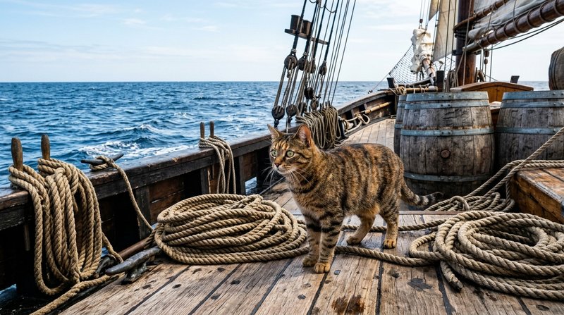 Un gato alerta sobre la cubierta de madera de un antiguo velero, entre cabos de cuerda enrollados y barriles de provisio