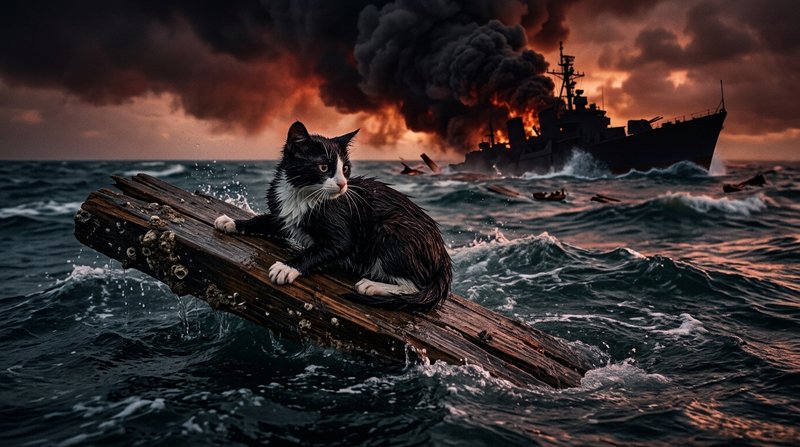 Un gato blanco y negro aferrado a una tabla de madera flotando sobre las olas del mar, con la silueta de un barco de gue