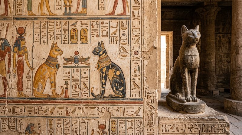 Un muro de templo del Antiguo Egipto cubierto de frescos y jeroglíficos donde destacan elegantes figuras de gatos pintad