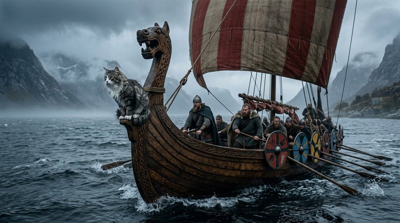 Un gato posado sobre la proa de un barco vikingo de madera navegando por aguas frías del norte, entre bruma y olas grise