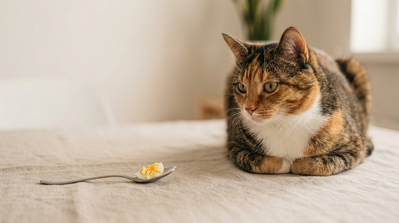 Una cucharadita con un pequeño trozo de huevo cocido como porción justa, junto a un gato adulto sentado esperando con ca