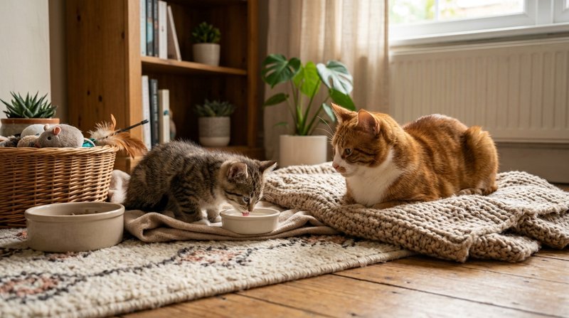 Un gatito pequeño y un gato adulto robusto juntos en un rincón acogedor del hogar, transmitiendo cuidado y atención a su