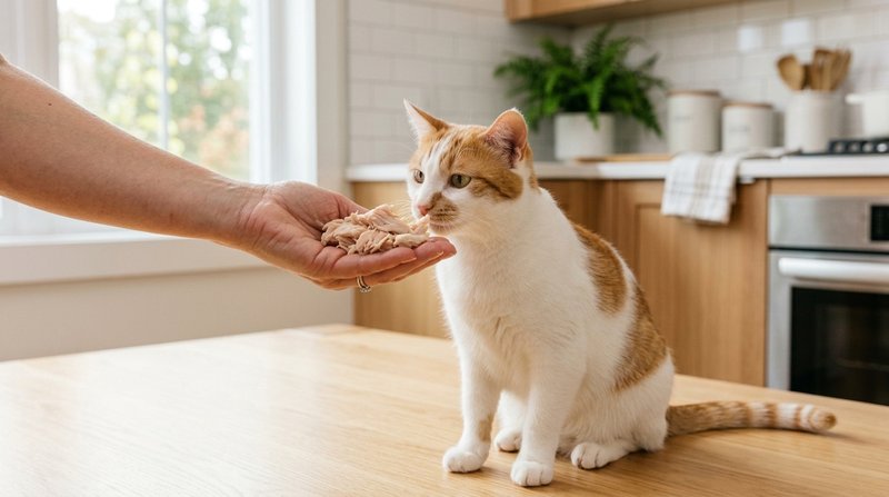 Una mano ofreciendo pequeños trozos de pollo cocido a un gato blanco y naranja en una cocina luminosa y ordenada, luz na