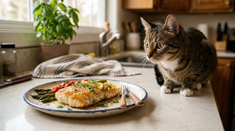Un filete de pescado cocido sin espinas servido en un plato de cerámica sobre una encimera clara, con un gato atigrado a