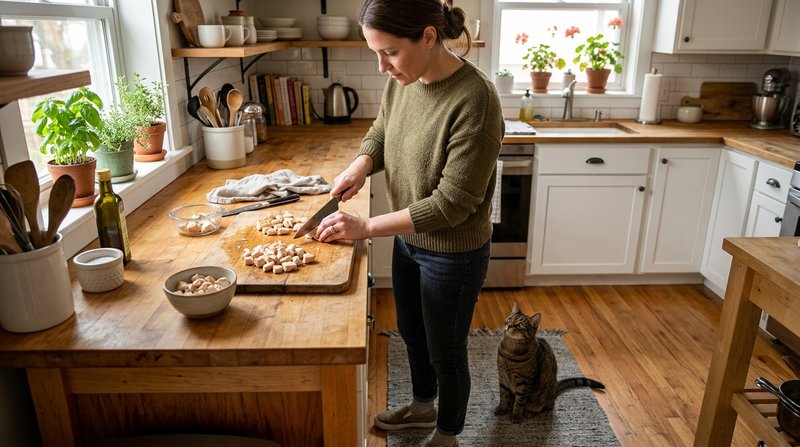 Una persona preparando una pequeña porción de pollo cocido en trocitos sobre la encimera mientras un gato espera atento