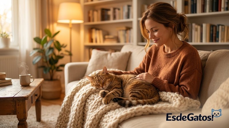 Un gato gris asomándose con curiosidad desde debajo de una cama en un dormitorio cálido, mientras su dueña, agachada a c