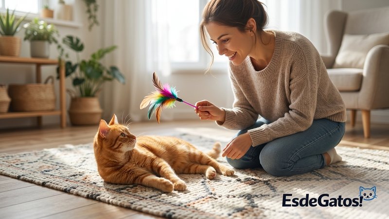 Un gato naranja recostado sobre una alfombra en una sala luminosa mientras su dueño, arrodillado cerca, le acerca con de