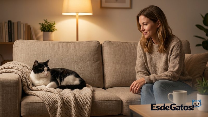 Un gato blanco y negro sentado con calma en un extremo del sofá, mientras su dueña, sentada en el otro extremo, le da su