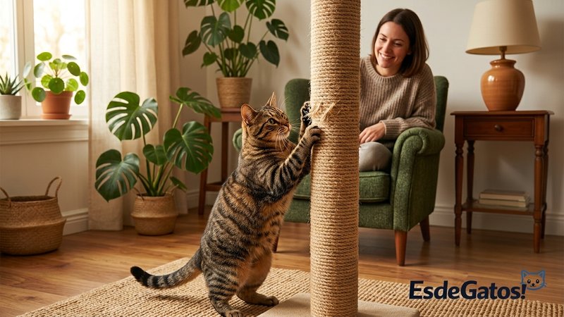 Un gato atigrado usando un poste rascador de sisal en un rincón acogedor del salón, con su dueño cerca sonriendo con apr