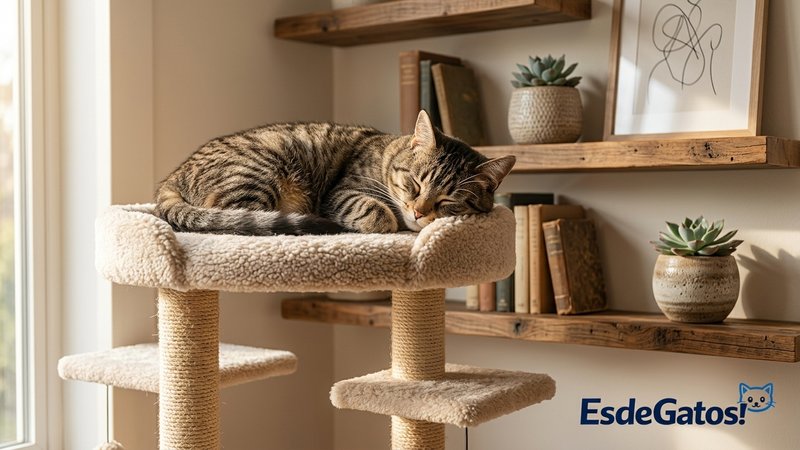 Un gato feliz trepando y observando desde lo alto de un árbol para gatos junto a la ventana, mientras su dueño juega con