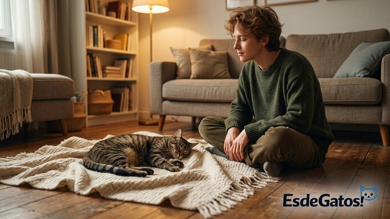 Una persona sentada tranquilamente en el suelo de la sala cerca de su gato, parpadeando despacio y respetando su espacio