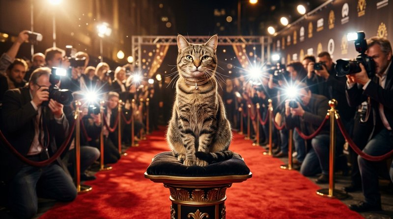 Un gato posando con actitud de estrella sobre un pequeño pedestal, rodeado de destellos de flashes de cámara y luces de