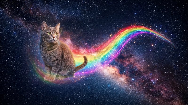Un gato gris sentado en el aire sobre un fondo de cielo nocturno estrellado, dejando tras de sí una larga estela de colo