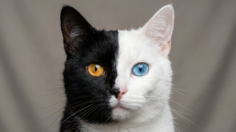 Un gato con la cara dividida en dos colores por una línea perfecta en el centro, media cara oscura y media clara, con ca