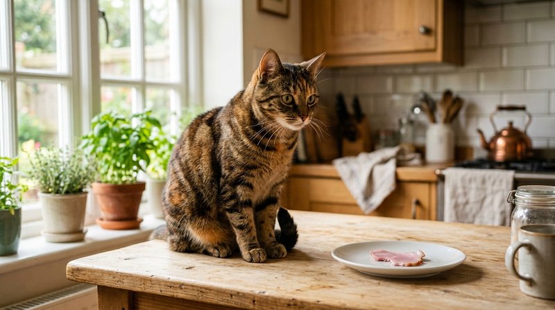 Un gato atigrado sentado mirando con deseo un pequeño trozo de jamón cocido sobre un plato blanco en una cocina cálida y