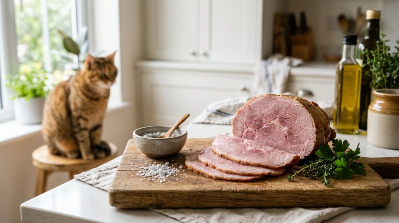 Varias lonchas de jamón cocido sobre una tabla de madera junto a unos granos de sal gruesa, con un gato observando desen