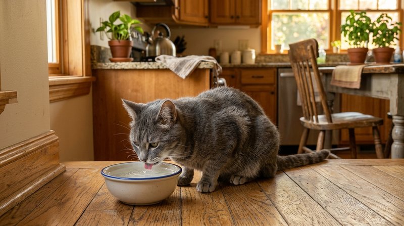 Un gato gris bebiendo agua con avidez de un cuenco en el suelo de una cocina cálida y ordenada, luz dorada de tarde, mue