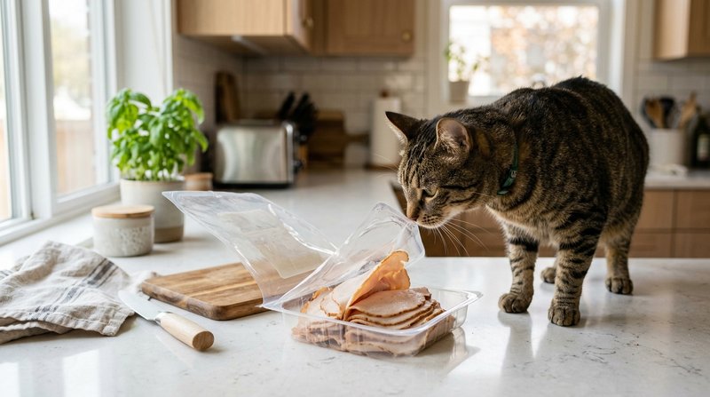 Un paquete abierto de lonchas de fiambre envasado sobre la encimera de una cocina moderna y luminosa, con un gato curios