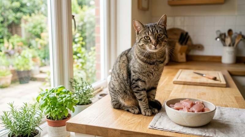 Un gato atigrado junto a un cuenco con trozos de pollo fresco sobre una encimera limpia y luminosa, luz natural entrando