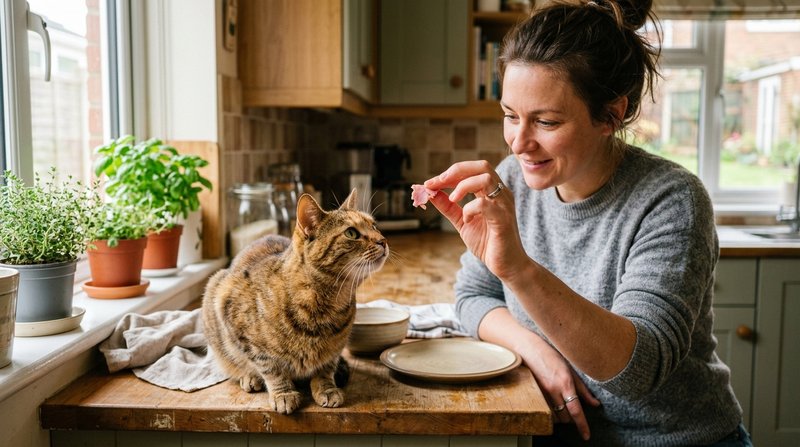 Una persona sosteniendo un pedacito minúsculo de jamón entre los dedos frente a un gato expectante en una cocina cálida