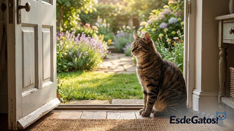 Un gato atigrado sentado junto a la puerta abierta de una casa con jardín, mirando con los ojos muy abiertos el exterior