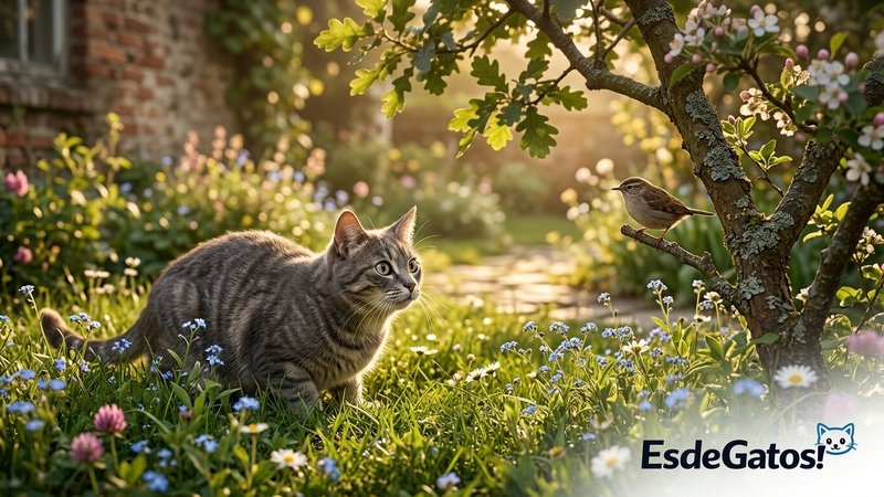 Un gato gris agazapado y curioso en el jardín observando con atención a un pájaro posado en una rama cercana, rodeado de