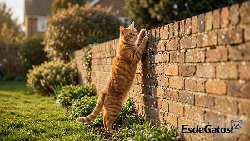 Un gato naranja apoyando las patas delanteras en un muro alto del jardín intentando trepar, con pasto y arbustos alreded