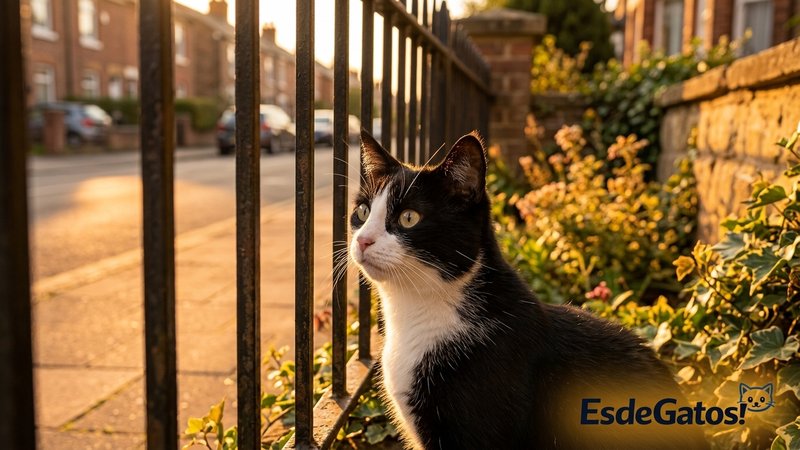 Un gato blanco y negro inquieto asomado entre los barrotes de una valla de jardín mirando hacia la calle con gesto alert