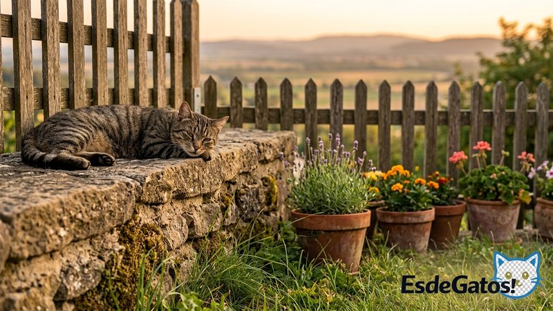 Un gato atigrado tumbado con aire aburrido sobre el borde de un murete del jardín, mirando el horizonte más allá de la v