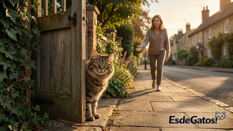 Un gato pardo asomado con cautela junto a una verja abierta del jardín observando la calle exterior, con una dueña acerc