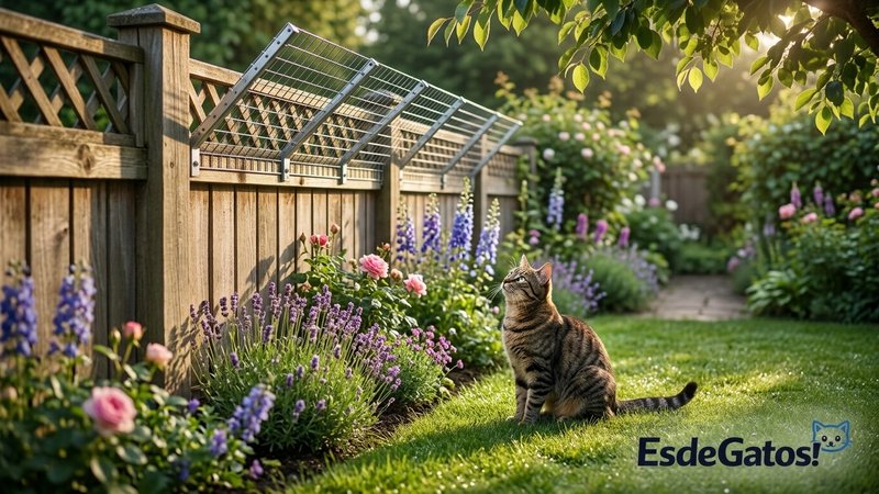 Un jardín soleado con una valla alta cuya parte superior está inclinada hacia el interior, y un gato mirándola desde el