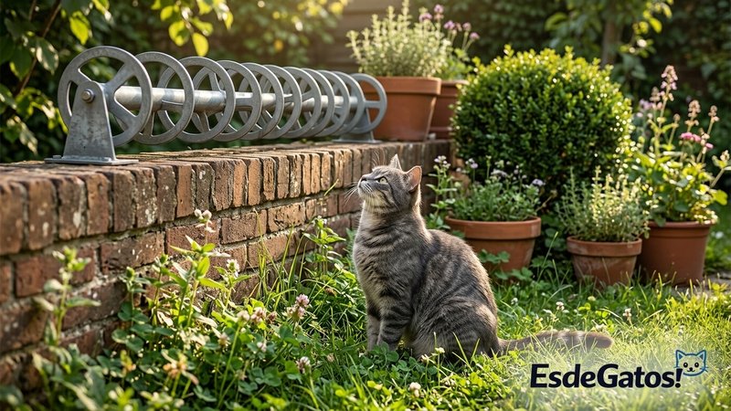 Un muro de jardín con rodillos giratorios antiescape instalados en su parte alta y un gato gris observándolos desde abaj