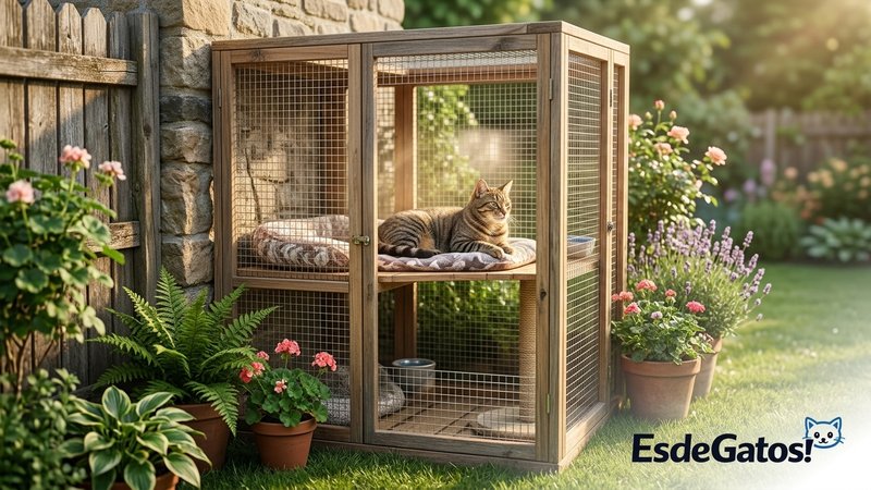 Un catio o recinto de malla para gatos montado en una esquina del jardín, con un gato atigrado dentro tomando el sol y m