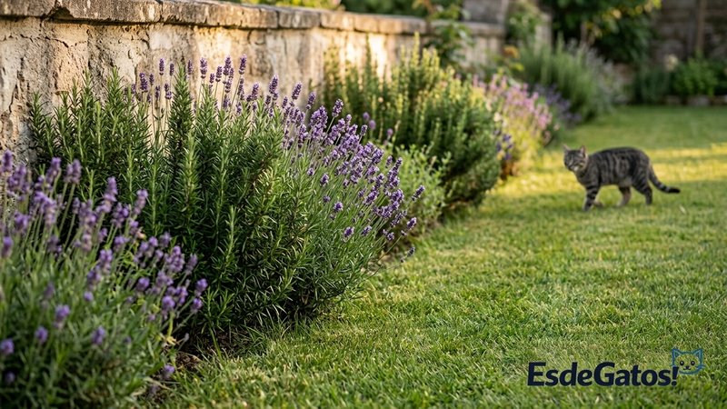 Un jardín con plantas aromáticas de romero y lavanda sembradas junto al muro perimetral y un gato caminando por el pasto