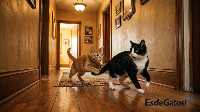 Dos gatos persiguiéndose de forma juguetona por el pasillo de una casa cálida, uno abalanzándose sobre el otro como si e