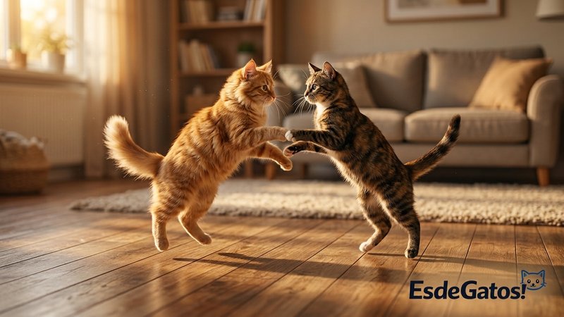 Dos gatos acercándose el uno al otro dando saltitos juguetones sobre el suelo de madera de un salón, casi como una danza
