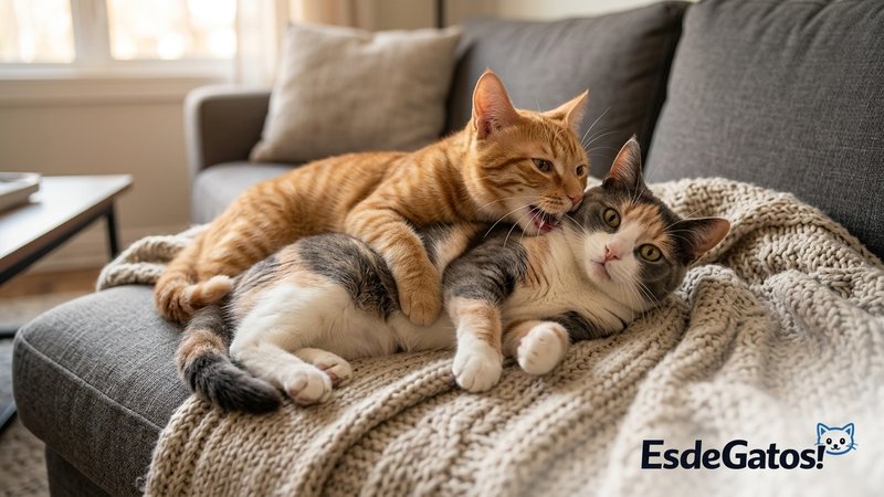 Dos gatos revolcándose juntos de forma juguetona sobre una manta suave en el sofá, uno mordisqueando muy flojito al otro