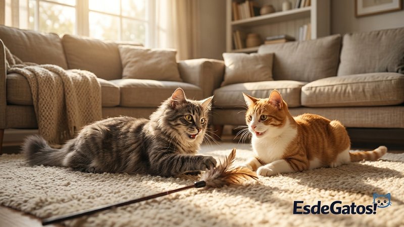Dos gatos con el cuerpo relajado y las orejas hacia arriba jugando tranquilos en el salón de una casa cálida, ojos abier